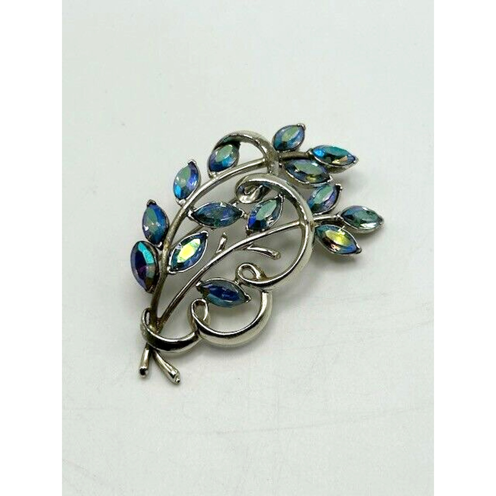 Vintage Coro Flower Blue Rhinestone Pin Brooch Aurora Borealis